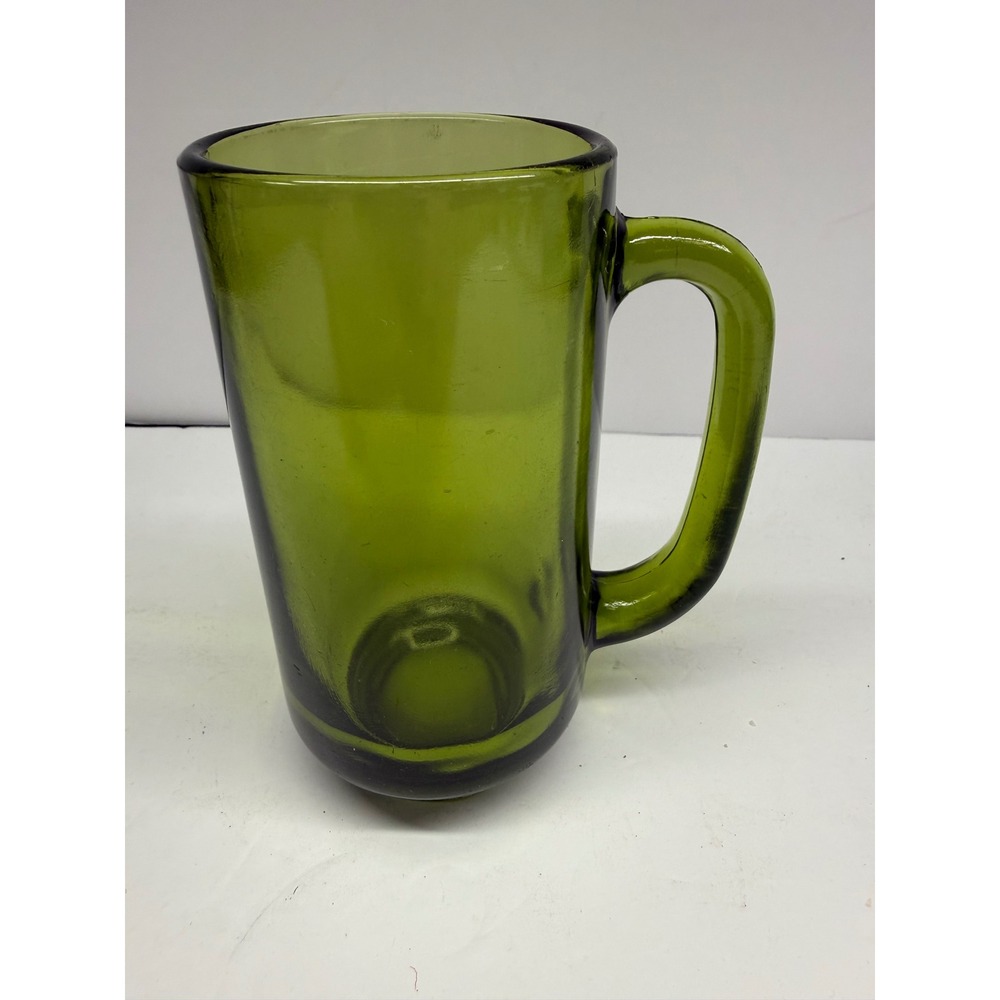 Vintage Avocado Green Glass Beer Mug Heavy Thick Mid Century Retro Barware 5.5in